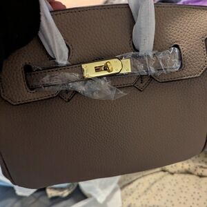 Chic Taupe Satchel with Gold Accents